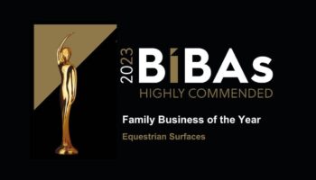 The BIBAS 2023 logo announcing Equestrian Surfaces as Highly Commended within the Family Business category.