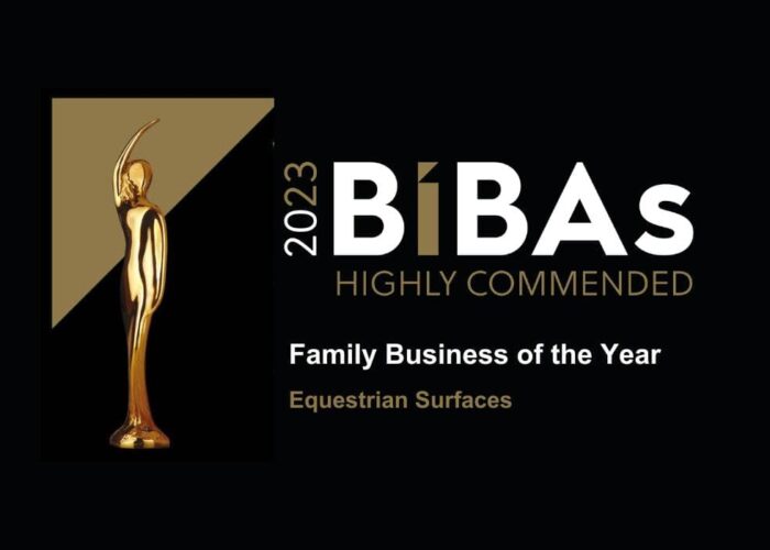 The BIBAS 2023 logo announcing Equestrian Surfaces as Highly Commended within the Family Business category.