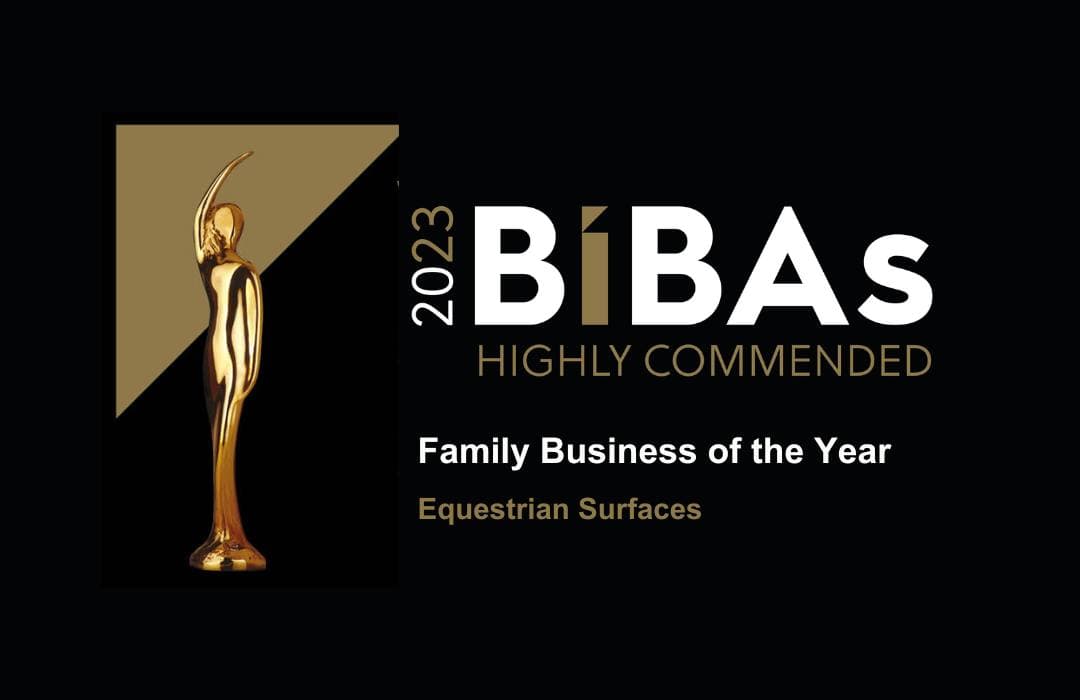 The BIBAS 2023 logo announcing Equestrian Surfaces as Highly Commended within the Family Business category.